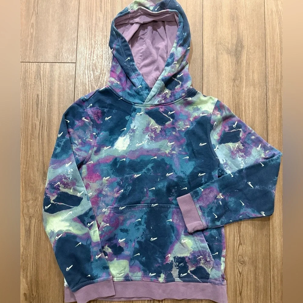 Nike Mini Swoosh Galaxy Tie Dye Hoodie Youth Large Fleece Pullover EUC